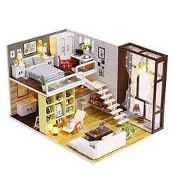 ROBOX Miniature Dollhouse DIY Kits 1/24 Scale Mini House Wooden Craft Models Miniature House Kit Simple Style Loft with Furniture，Dust Cover and Led Light