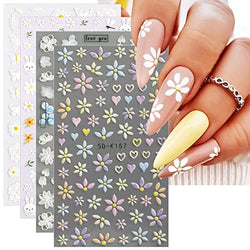 JMEOWIO 3D Embossed Spring Flower Nail Art Stickers Decals Self-Adhesive Pegatinas Uñas 5D Floral Colorful Summer Nail Supplies Nail Art Design Decoration Accessories 4 Sheets