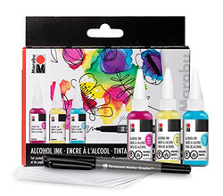 Marabu Alcohol Ink Starter Kit - Magenta, Lemon, Caribbean Alcohol Ink for Epoxy Resin, Tumbler Making, and Painting - 3 Color Alcohol Ink Set with Alcohol Ink Paper and Permanent Marker