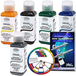 5 Color - Testors Aztek Premium Transparent Acrylic Airbrush Paint Set with Color Mixing Wheel and How to Airbrush Manual