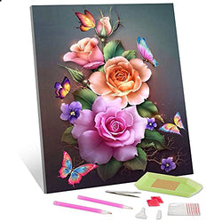DIY 5D Diamond Painting Kits for Adults and Kids Flowers Diamond Art Butterfly Painting by Diamond Round Full Drill Diamond Arts Craft for Home Wall Decor Canvas (12 X 16 Inches)