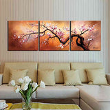 Modern Home Decor Hand painted Wall Art Oil Paintings on Canvas 3 Piece Cherry Blossom Tree Pictures for Living Room Bed Room Kidchen Office, GalleryWrap Framed Stretched Ready to Hang (60''W x 20''H)