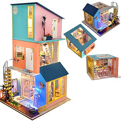 HEYANG 3 pcs Wooden Dollhouse Model DIY Furniture Kit with LED Lights 3D Wood Toy Handcraft Artwork Combination of Changeable Colorful Doll House Gift