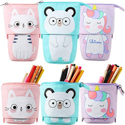 3 Pieces Telescopic Stand Up Pencil Case Box Transformer Stand Store Pencil Holder Cute Cartoon Standing Pen Pouch Dual-Use Canvas Storage Stationery Bags for Teen Girls Boys (Cat, Bear, Unicorn)