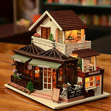 QWERTP Innovative Gift DIY Cottage House,3D Puzzles Dollhouse - Miniature Kit Large Coffee House Villa with LED Light and Music Dust Cover and Character Doll