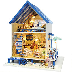 Rylai 3D Puzzles Miniature Dollhouse DIY Kit Light Romantic Aegean Sea Series Dolls Houses Accessories with Furniture LED Music Box