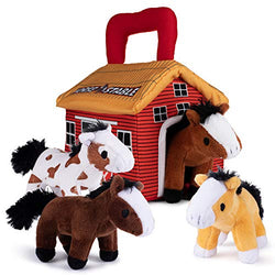 Plush Creations Plush Horse Toys for Kids. Playset Includes Stable Carrier with 4 Cuddly Interactive Talking and Neighing Plush Toy Horses. Best Gift for Girls Or Boys Toddlers and Babies.