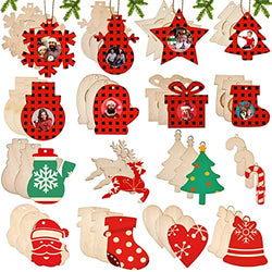 48 Pcs Christmas Wooden Photo Frames and Wooden Ornaments Unfinished Wooden Slices Frames with Hole Rope for Christmas Hanging Decorations Craft and DIY Christmas Themed Assortment for Kids to Paint