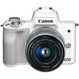 Canon EOS M50 (White) Mirrorless Camera Kit w/EF-M15-45mm and 4K Video + Case + 128GB Memory (25pc Bundle)