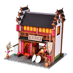 F Fityle 1/24 Scale DIY Handmade Miniature Dollhouse Kits Chinese Inn with Furniture LED Lights Set for Kids