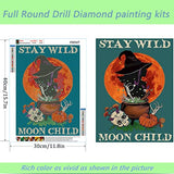 HSENJT DIY 5D Diamond Art Painting Kits Moon Child,Halloween Witch Skull Diamond Paint for Adults Kids,Inspirational Quotes Stay Wild Round Diamond Gem Art Craft for Home Wall Decor Gift (12x16 inch)