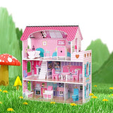 ROOMLIFE Wooden Dollhouse with Dollhouse Furniture Dream Doll House for Little Girls 5 Year Olds 1:12 Scale for Kids Pretend Play Doll House Toy Playset Toddler Girls and Kids' Toy with Accessories