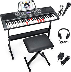 Costzon 61-Key Electronic Keyboard Piano w/Lighted Keys, Built-in Speakers, Recorder, 255 Timbres/Rhythms, 3 Teaching Modes, LCD Display, Headphones, Adjustable Stand for Beginner Adults (Black)
