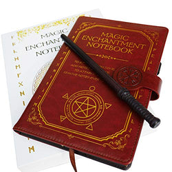 Monet Studios Magic Notebook/Notepad with Pencil Wand - Novelty Spell Book A5 8.5 x 5.5 inches Journal with Magical Runes Stationery Set (Red)