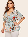 Romwe Women's Plus Size Floral Print Short/Long Sleeve Belt Tie Peplum Wrap Blouse Top Shirts Blue Floral 2XL