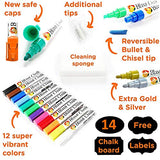 Blami Arts Chalk Markers and Chalkboard Labels Pack -14 Erasable Liquid Ink Pens - Non Toxic Extra Gold and Silver Colors Included - Reversible Tips and Erasnig Sponge