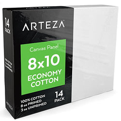 Arteza 8x10” White Blank Canvas Panels Boards, Bulk Pack of 14, Primed, 100% Cotton for Acrylic