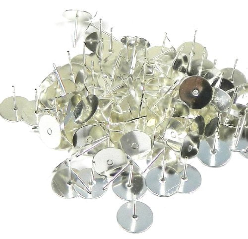 100 Silver-plated Brass 10mm Flat Pad Surgical Steel Post Earring Finding Package of 50 Pair