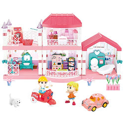 LEAMEERY Dream House Dollhouse Building Toys, Pretend Play Dream House for Girls, Two-Story Girls Doll House Toy with Furniture, Dolls, Pet, Car and Accessories, DIY Creative Gift for Girls Toddlers