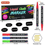 Chalk Markers, Shuttle Art 30 Vibrant Colors Liquid Chalk Markers Pens for Chalkboards, Windows, Glass, Cars, Water-based, Erasable, Reversible 3mm Fine Tip for Office Home Supplies