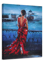 Anolyfi Oil Painting 100% Hand Painted Vintage Romantic Lady in Red Canvas Wall Art Navy Blue Picture, Venice Cityscape Artwork Large Size Framed 36"x48" for Living Room Bedroom Home Office Wall Decor