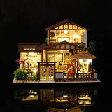 WYD 3D Wooden House Sakura Garden Japanese Assembled Doll House Kit with LED Light Miniature Furniture Kit for Family, Friends and Children