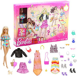 Barbie Advent Calendar with Barbie Doll (12-in), 24 Surprises Including Day-to-Night Trendy Clothing & Accessories, Festive Holiday Themed Packaging for Kids 3 to 7 Years Old