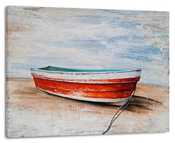 Nautical Canvas Wall Art Hand Painted Red Boat Still Life Painting Modern Coastal Pictures Aesthetic Artwork for Living Room Bedroom Bathroom Decor