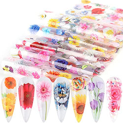 Flower Nail Foils Sunflower Nail Art Transfer Stickers Daisy Rose Cherry Blossoms Pattern Nail Design Colorful Natural Flower Nail Decals for Women Girls Manicure Tip Decoration(10Sheets)