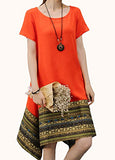 Minibee Women's Ethnic Cotton Linen Short Sleeves Irregular Tunic Dress (2XL, Orange)