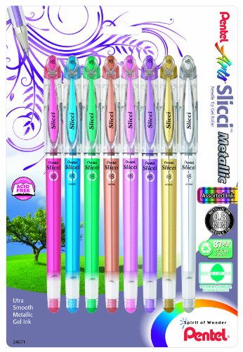 Pentel Arts Slicci Metallic 0.8 mm Needle Tip Gel Pen, Assorted Colors, 8 Pack (BG208BP8M)