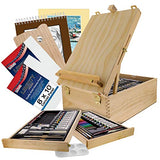 U.S. Art Supply 107 Piece Wood Box Easel Painting Set - Oil, Acrylic, Watercolor Paint Colors and Painting Brushes, Oil Artist Pastels, Pencils - Watercolor, Sketch Paper Pads - Canvas, Palette Knives