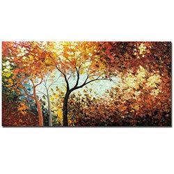 V-inspire Art,24x48 Inch Modern Tree Art Abstract Acrylic Canvas Wall Art 100% Hand-Painted Oil Paintings Yellow Landscape Wall Decoration For Living Room Bedroom