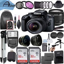 Canon EOS 4000D / Rebel T100 DSLR Camera 18MP Sensor + EF-S 18-55mm Lens + 2 Pack SanDisk 32GB Memory Card + Backpack + A-Cell Accessory Bundle (Black)