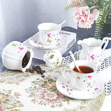 fanquare 21 Piece Porcelain Tea Set for Adults, Coffee Service for 6, White Tea Party Set with Pink Flowers, Green Butterflies