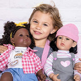 Adora Realistic Baby Doll Girl Power in Knit-Sleeved Shirt and Gray Over-All Dress with Pink Heart Embroidery