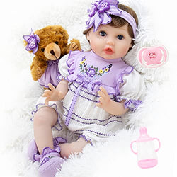 Aori Reborn Baby Dolls 22 inch Lifelke Baby Girl Doll in Soft Vinly and Weighted Body with Purple Dress Teddy Gift Set