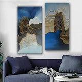 Tyed Art-24x60 Inch large Painting Tyed Art- Gold Line and Blue Texture Abstract Artwork 100% Hand-Painted Oil Painting On Canvas,Canvas Wall Art Paintings Modern Home Decor Series of paintings Wall Decoration