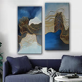 Tyed Art- Gold Line and Blue Texture Abstract Artwork 100% Hand-Painted Oil Painting On Canvas,Canvas Wall Art Paintings Modern Home Decor Wall Decoration 24x48inch