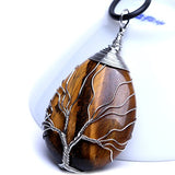 HongJinTian Wire Wrapped Tree of Life Natural Grown Tiger Eye Gemstone Teardrop Pendant Necklace