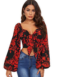 Romwe Women's Floral Print Lantern Long Sleeve Sweetheart Tie Knot Front Shirred Crop Blouse Tops Red Large