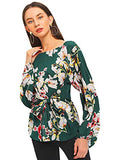 Romwe Women's Floral Print Long Sleeve Self tie Waist Knot Blouse Top Green L