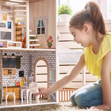 ROBOTIME Wood Dollhouse Pretend Play Doll House Toys w/Furniture, Movable Elevator, 5 Rooms, Balcony, Backyard, 13PCS, 47.44*11.81*40.94in, Gift for Toddlers Ages 3+…