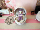 Doll stroller, miniature wicker shabby style pram for Lati Yellow 1:8 scale nursery scenes. buggy furniture