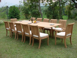 TeakStation 12 Seater Grade-A Teak Wood 13pc Dining Set: 117" Double Extension Rectangle Table 12 Giva Chairs (10 Armless and 2 Arm/Captain) #TSDSGVp