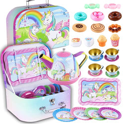 Peertoys Tea Set for Little Girls - Unicorn Party Toys Teapot Gift Set for Kids Age Party Decorations Pretend Kitchen Play Princess with Storage Case and Accessories Plates Age 3 4 5 6 7 8 Or Above