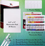 W.A. Portman Complete Watercolor Kit - 24 pack Watercolor Paint Tubes - 3 Refillable Watercolor Brush Pens - 8.5x11 Inch Watercolor Pad - Paint Palette - Watercolor Paint Set for Artists and Students