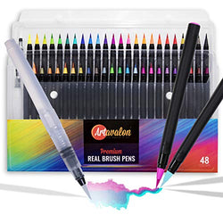 Watercolor Brush Pens - 48 Colors + 2 Refillable Pen - Flexible Tip + NonToxic • [Water Color Paint Markers Set for Artists/Adults/Kids, Real Art Coloring, Calligraphy Drawing, Paintbrush]