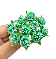 NAVA CHIANGMAI Beautiful Artificial Mulberry Paper Rose Flower (Heart Petals Rose) Wedding Card Embellishment, Scrapbooking Wedding Doll House Supplies Card,DIY Flower Accessories. (Mint Green)
