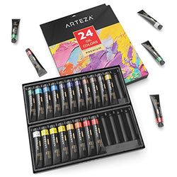 ARTEZA Oil Paint, Set of 24 Colors/Tubes (24x12ml/0.74oz) with Storage Box, Rich Pigments, Vibrant,